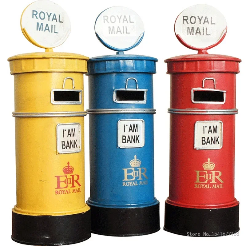 Chinese Metal Post Box Model Piggy Bank, Home Office Furnishing Gifts, Handmade Imitation, Ancient Iron Model, Blue, Yellow, 1Pc