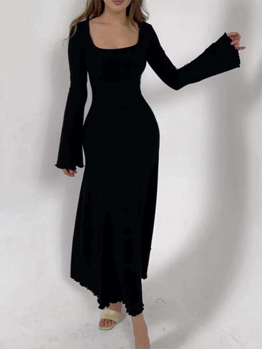 

Square Neck Dress for Women Sexy Maxi Bodycon Knitted Dresses Female Spring Fall Long Holiday Dress 2023 New