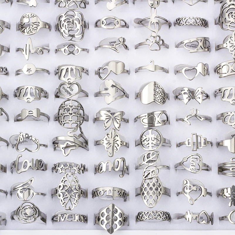 50 Pcs/Lot Fashion Hollow Out Stainless Steel Rings For Women Men Mix Style Flower Heart Crown Jewelry Party Gifts 3