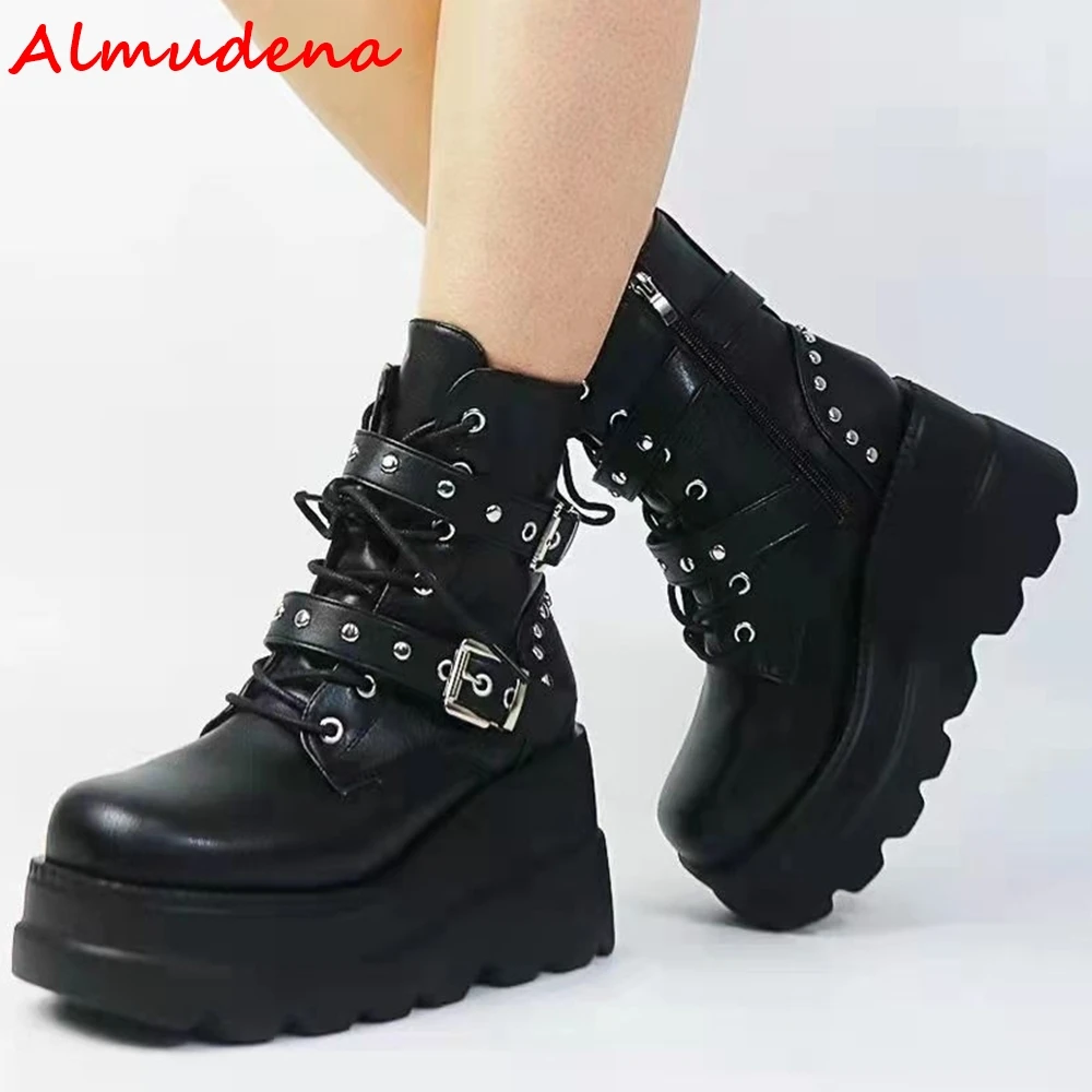 

Black Straight Strap Belt Buckle Boots Women Round Toe Side Zipper Thick Sole Wedges Mature Casual Ankle Boots Large Size