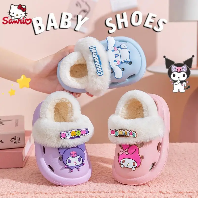 

Cartoon Sanrio Kuromi Cinnamoroll Plush Kid Cotton Slippers Anti-Skid Keep Warm Winter Indoor Home Plushies Shoes Christmas Gift