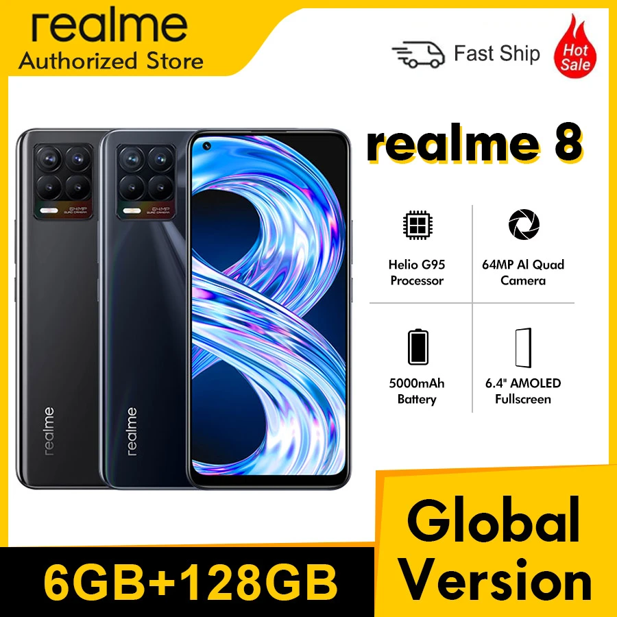 realme 8 RMX3085 6.4"FHD+ AMOLED 6GB 128GB 64MP AI Quad Camera Helio G95 Octa Core 5000mAh 30W Dart Charge Mobile Phone cheap android cell phones