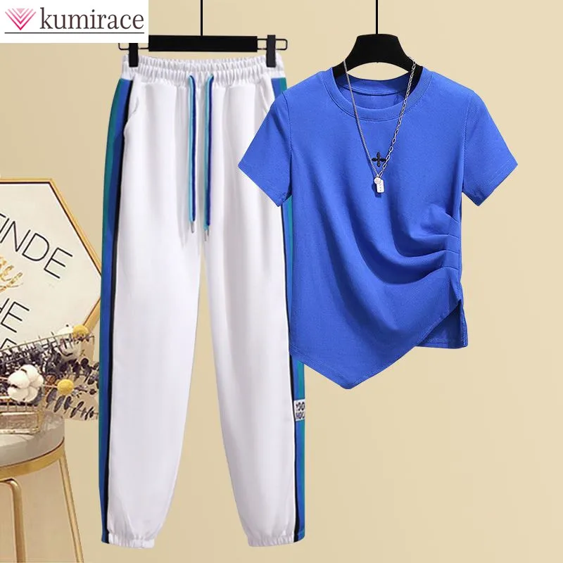 

Summer New Cotton Pleated Short Sleeve T-shirt Striped Lace Casual Sports Pants Elegant Women's Pants Set Running Outfits