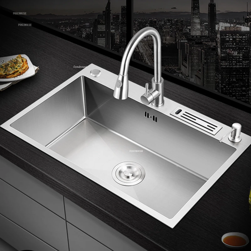 Modern Stainless Steel Kitchen Sinks Home Single Hole Kitchen Sink Under Counter Wash Basin Nano Handmade Accessories