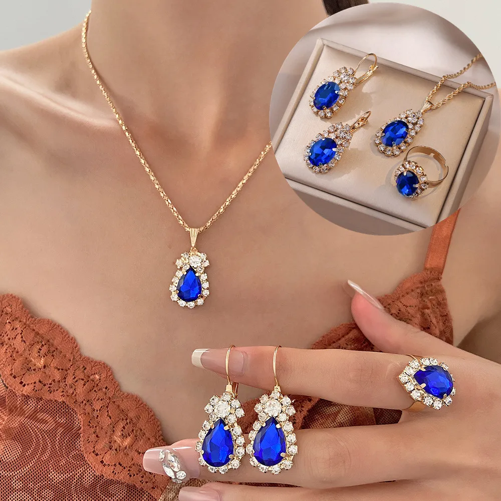 Blue Cyrstal Ring Necklace Earrings Set Wedding Jewelry Sets For