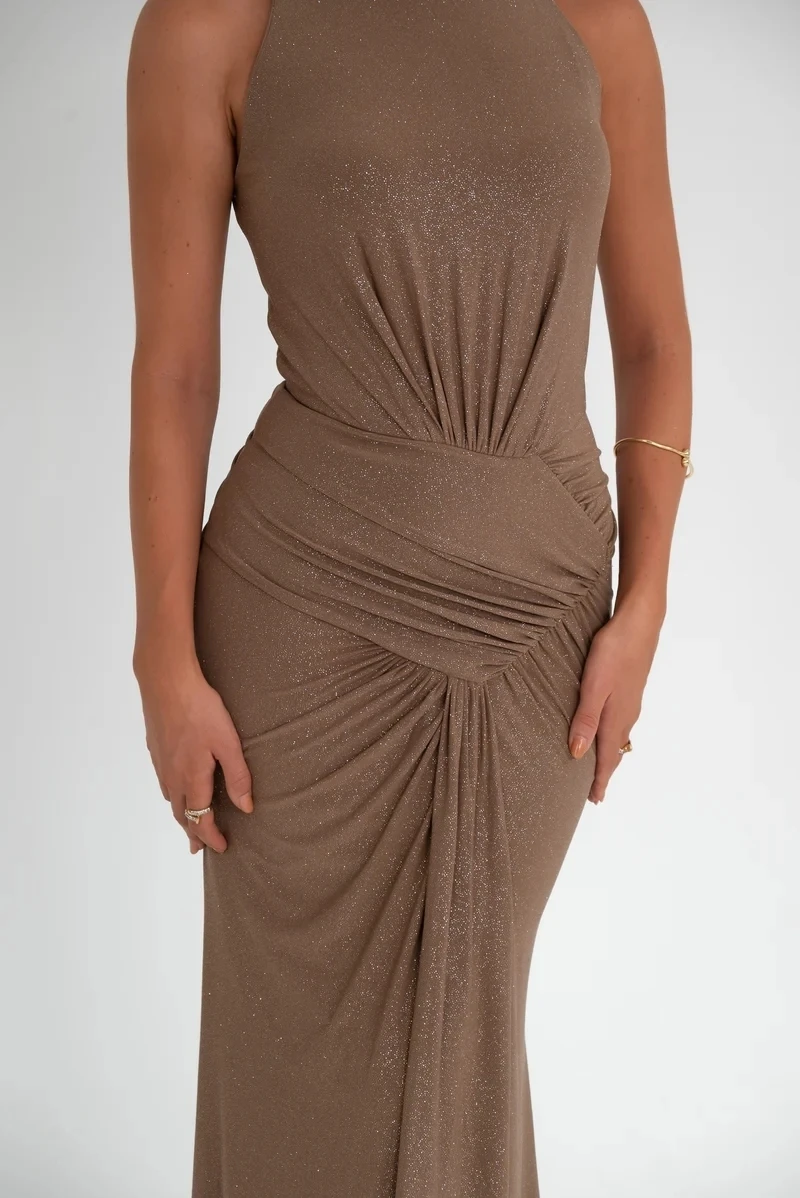 Elegant Sleeveless Elastic Tight Women Dress High Neck Bodycon Pleated Long Party Evening Dress AutumnWinter New Vestido