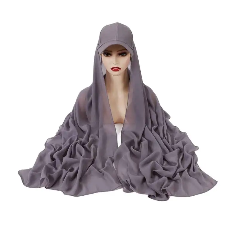 

Muslim Women Veil Hat Monochromatic Chiffon Scarf Baseball Cap Hijab Sports Style Add On With Integrated Hat