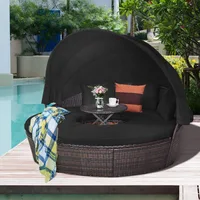 Patio Round Daybed with Retractable Canopy,Outdoor Wicker Rattan Furniture Sets,Sectional Cushioned Sofa Set w/Height 2