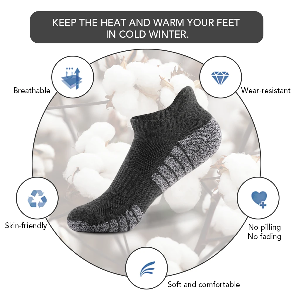6 Pairs Sports Ankle Socks Athletic Low-cut Thick Knit Autumn Winter Outdoor Quick Dry Anti-skid No-Show For Running Cycling