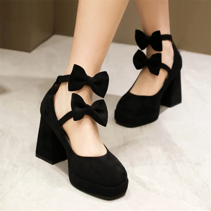 

2024 Summer Lolita Style Pumps Ladies Double Buckle Strap Butterfly-knot Platform High Heel Black Apricot Party Women Shoes New