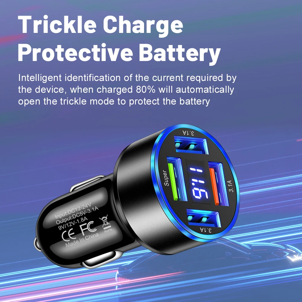 Car Charger Total 100W Super Fast Charging 4 In 1 Multi-port Voltage Car With Vehicle Digital Display Mobile car Phone Charger