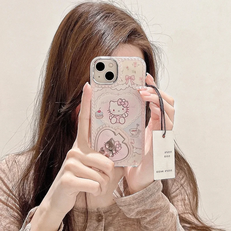 

Hello Kitty Kawaii Anime Phone Case Sanrio Cute Y2K Girl Iphone Anti-Fall Phone Makeup Mirror with Bracket Protective Case Gifts