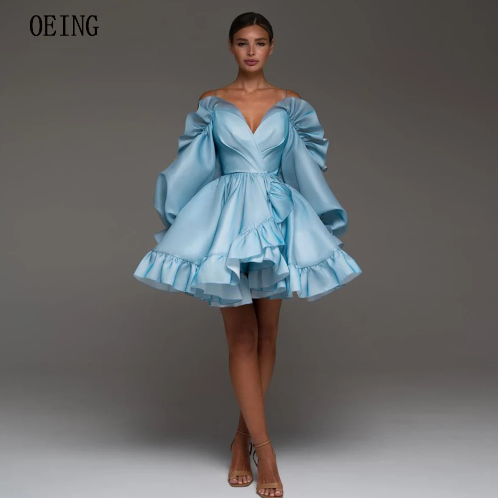 

OEING Sky Blue Mini Cocktail Party Gowns Sweetheart Off Shoulder Dresses For Special Events Ruched A-Line Vestidos De Fiesta