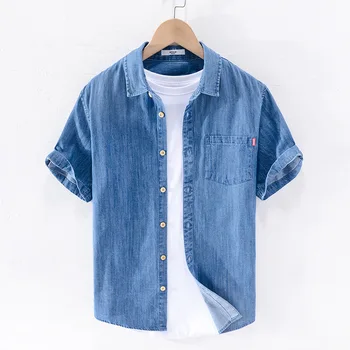 Men Denim Shirt , Thin Summer Half Sleeve Casual Top, Loose Trendy Handsome Short Sleeve ,Camping Denim Short Sleeve Jacket 1