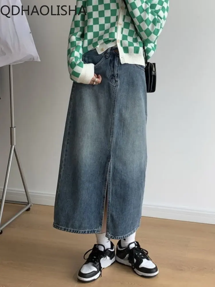 

2023 Summer New In Women's Half Skirt Vintage Washed Old Denim High Waisted Split Slimming A-line Wrap Around Hips Women's Skirt