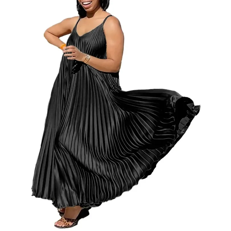 

Plus Size Summer New Solid Color Loose V-Neck Suspender Pleated Large Skirt Hem Fashionable And Elegant Vacation Long Dress