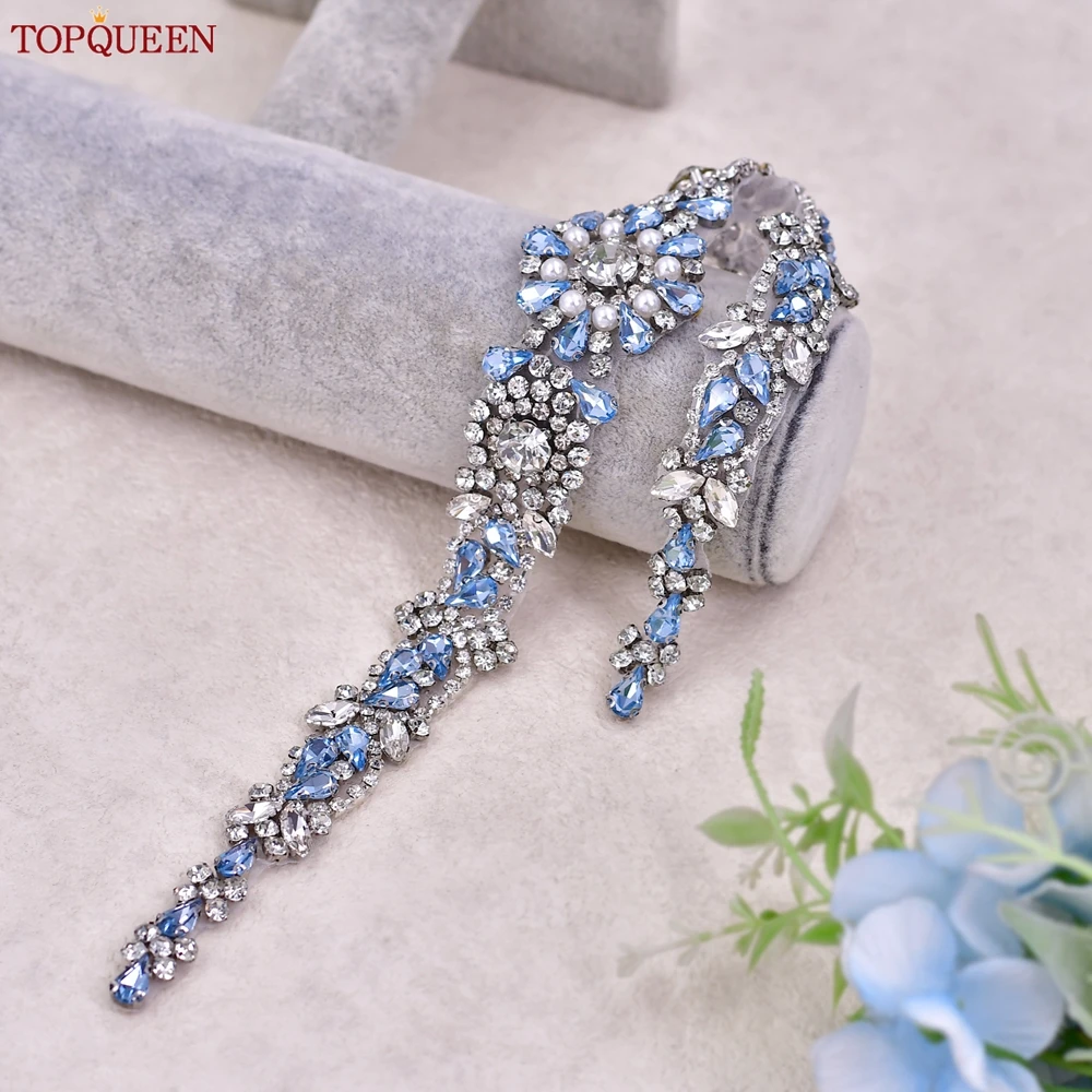 Bridal Belt TOPQUEEN Fashion Diamond Light Blue Rhinestone Patch Bridal Accessories Important Occasion Dress Belt S351-QL