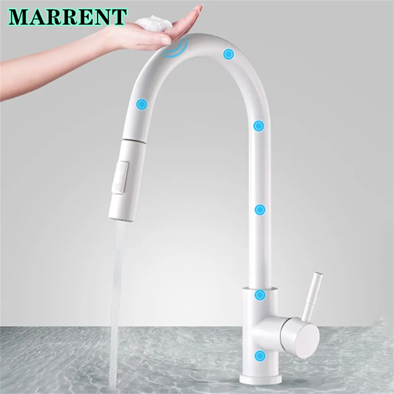 Smart Touch Kitchen Faucet White Hot Cold Pull Out Kitchen Mixer Tap