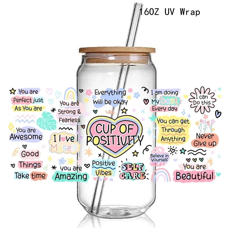 28+ Fashion Trending Daily Inspirtion Design Positive Affirmation 3D UV DTF Cup Wrap Transfers Stickers Mental 16oz Glass Wrap