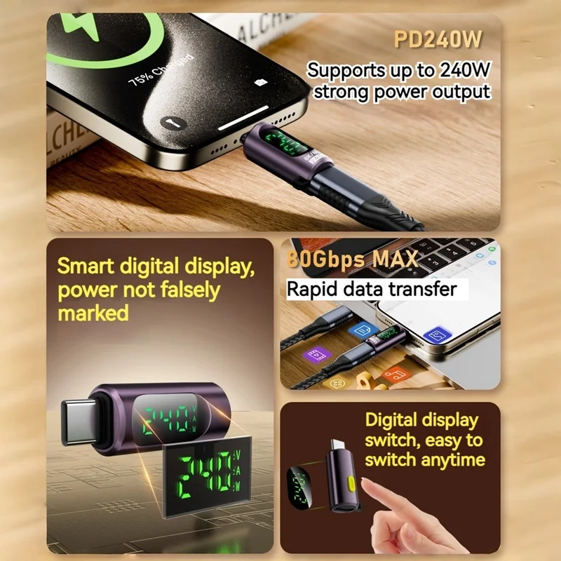 240W USB 타입 C 어댑터 디지털 디스플레이 80Gbps 데이터 전송 8K 비디오 고속 충전 USB-C 컨버터 맥북 폰 태블릿용