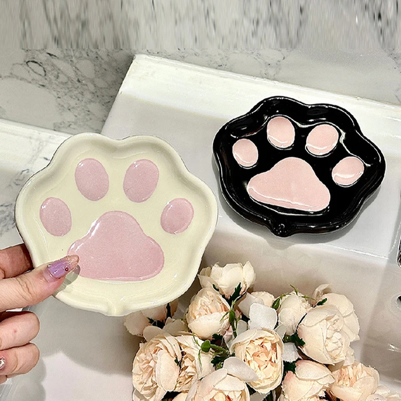 Ceramic Cute Cartoon cat paw Shaped Soap Dish Storage Rack, Home Bathroom Supplies Creative Light Luxury Drain, No Punching, 1Pc