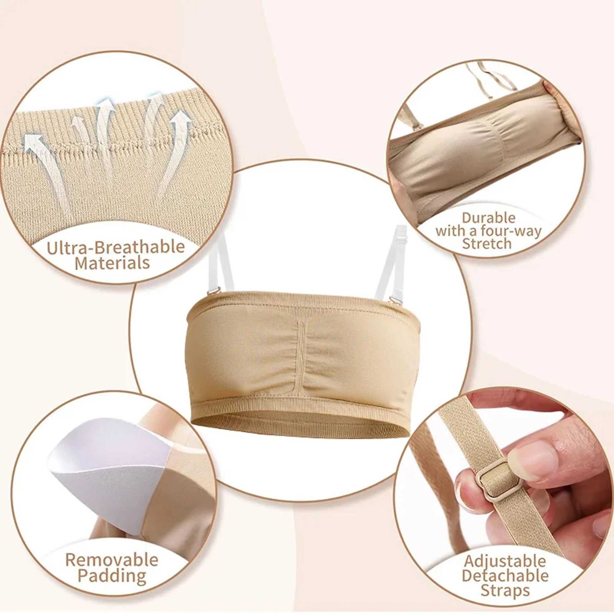 Youth Ballet Dance Bandeau Bra with Clear Straps and Chest Pads - Nude Seamless Design (2-Pack)