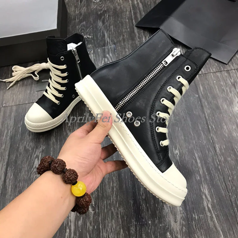 Black-White Trainers Toe Caps Ankle Booties Lace Up Mens Sneaker Zip High-TOP Casual Shoes Hip Hop Dress Shoes Big Size 46 47 5