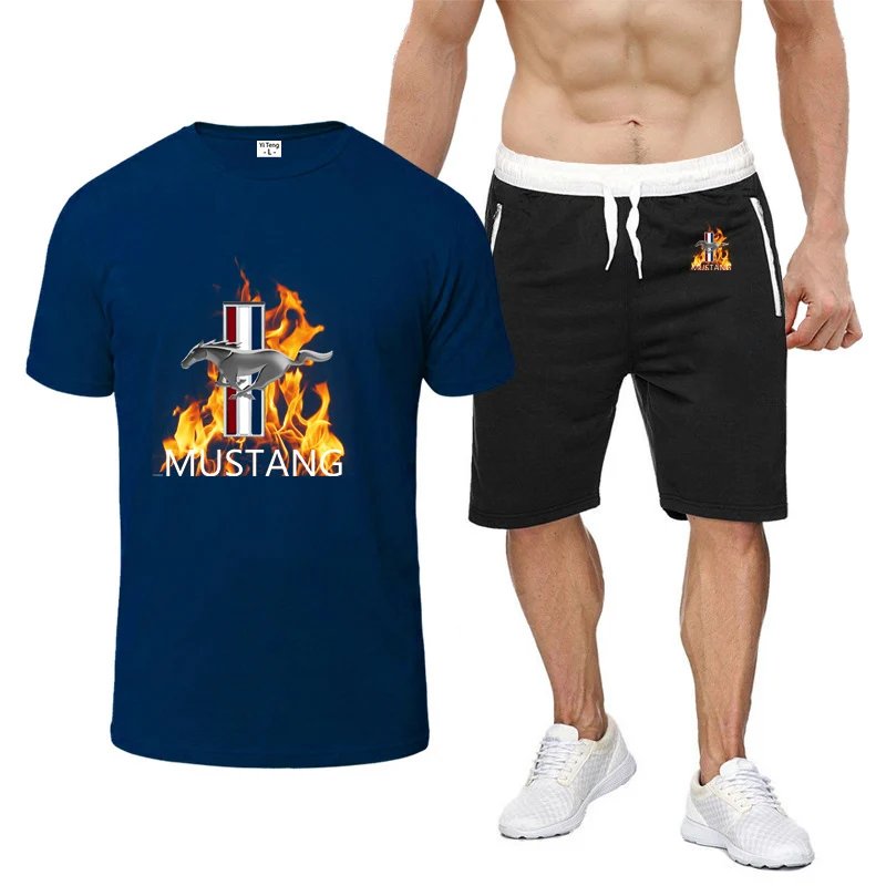 2022 new men's short-sleeved Mustang print summer Harajuku style T-shirt high-quality T-shirt shorts suit 2Pcs sportswear