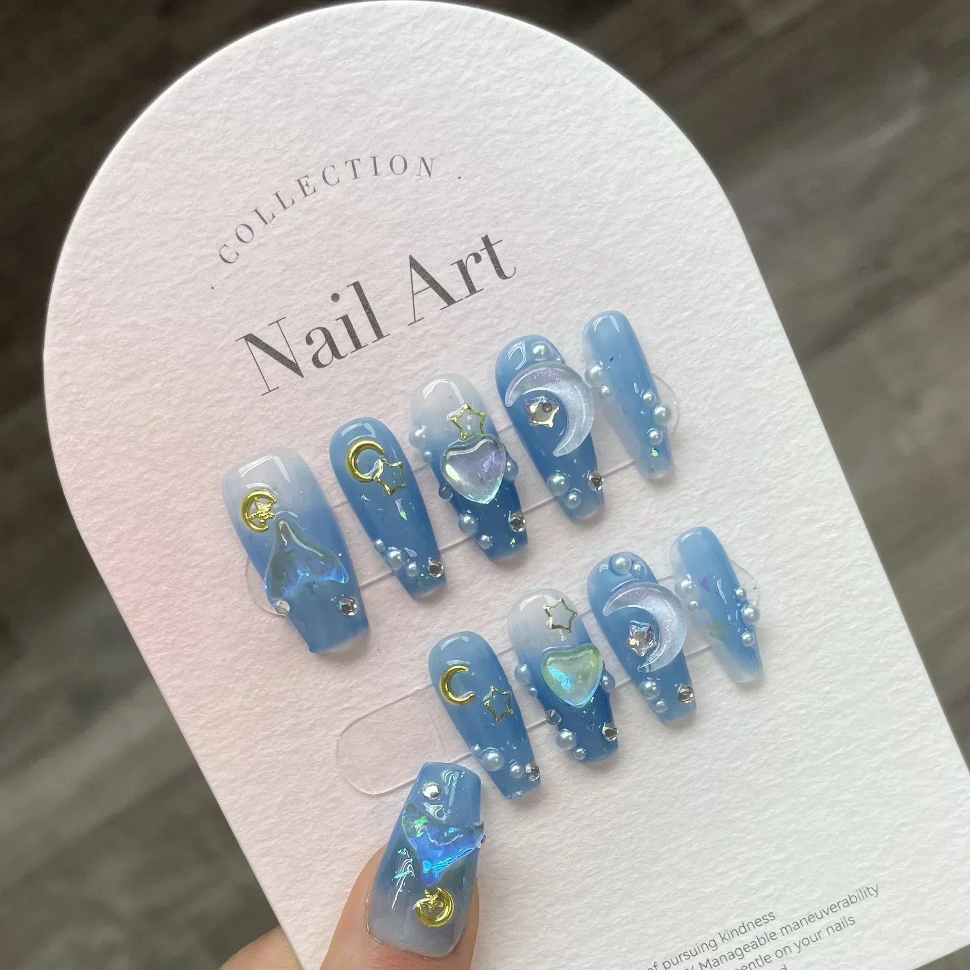 10Pcs Handmade Press on Nails Long Ballet Blue Fake Nails with 3D Ocean Moon