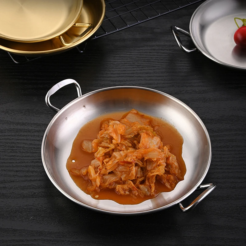 Stainless Steel Round Plate with Handle Korean Sauce Seasoning Dish Snack Serving Tray Flat Bottom Plates Kitchen Tableware 6