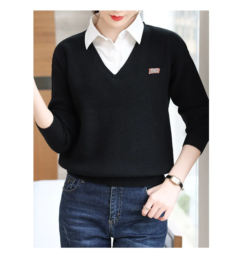 Gefälschte zweiteilige gestrickte Top Damen Frühling Herbst neue Mode Winter Bottom Sweater Langarm Pullover Damen Strick hemd – Detail 9