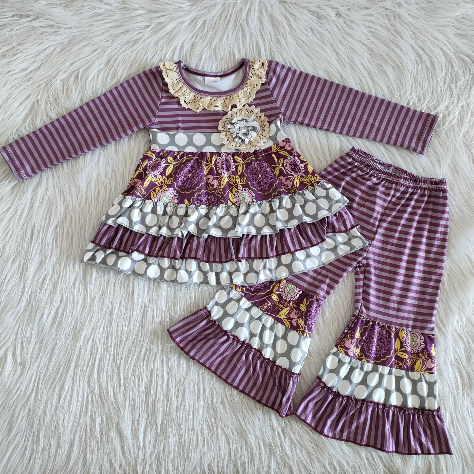 

2022 Rts Daily Wearing New Design Purple Lace Print Long Sleeve Shirt Purple Stripes Pants Fashion Baby High Quality Children
