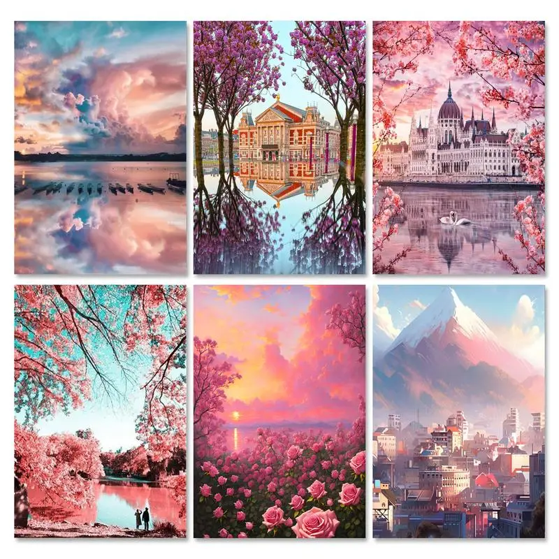 GATYZTORY 5D 다이아몬드 페인팅 도시 건물 전체 라운드 바느질 예술, 다이아몬드 자수 핑크 풍경 모자이크 수제 선물