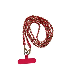 Universal Crossbody Phone Lanyard with Leather and Metal Card Patch Chain (Red)