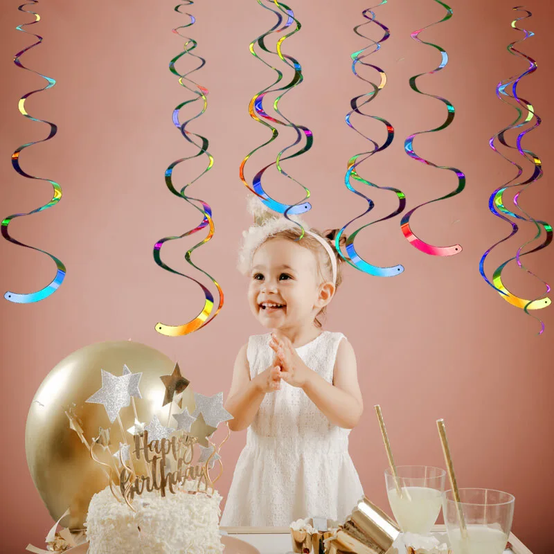 6Pcs Buon Compleanno Fai Da Te Decorativo Soffitto In Metallo Appeso Swirl Per Baby Shower Di Nozze Halloween Festa Di Compleanno Decorazione