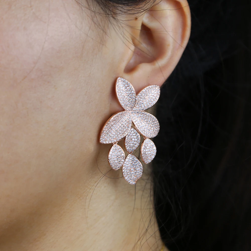 New Arrived Iced Out Luxury Bling CZ Fashion Women Jewelry Micro Pave 5A CZ Big Flower Charm Drip Leaf Dangle Earrings drop earrings dangle earrings