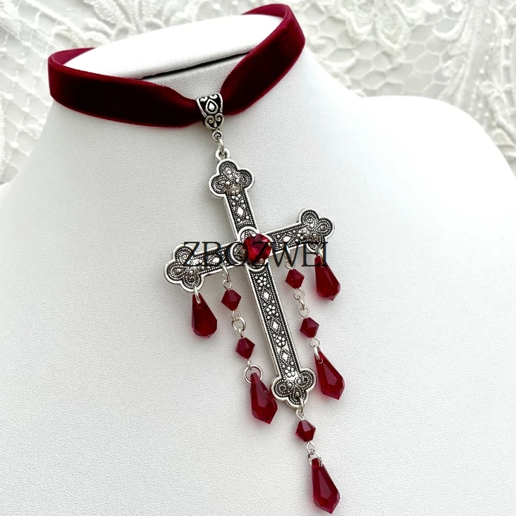 Cross Choker Large Red Goth Gothic Cross Velvet Red Velvet Choker