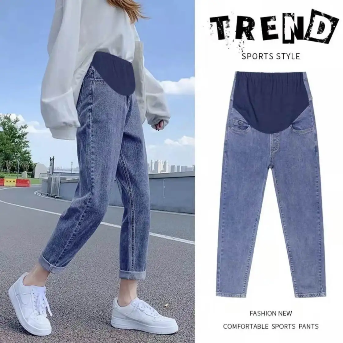 

2023 New arrival Pregnant women jeans for all season support abdomen Fashion Maternity pants stretch trousers loose casual pants