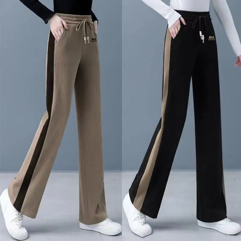 Velvet Women Pants Fleece Korean Autumn Winter Corduroy Wide-legged Pants Trouser High Waist Warm Thick Patchwork Loose Solid