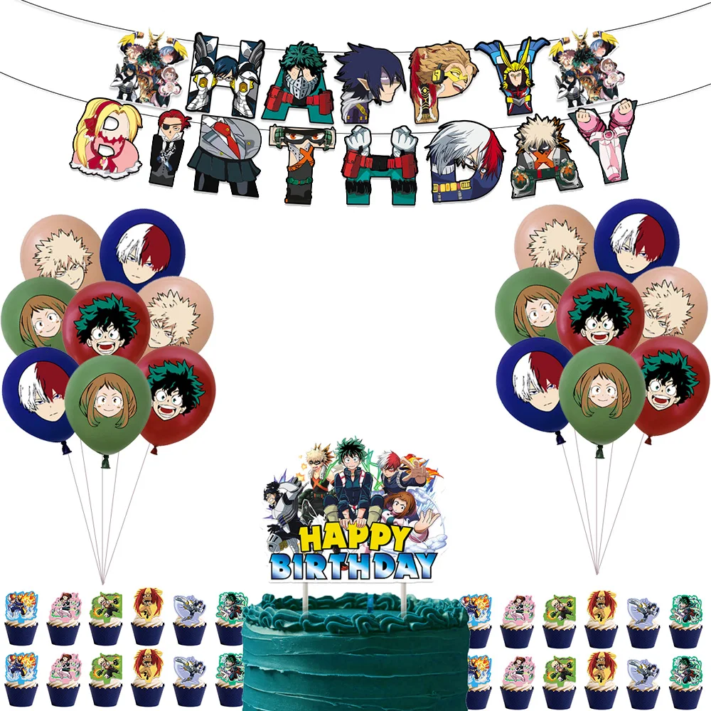 Description Picture 6 of itemMy Heros Academiaed Birthday Themed Party Decorations Balloon Set Tableware Tablecloths Cake Toppers Party Supplies Baby Shower