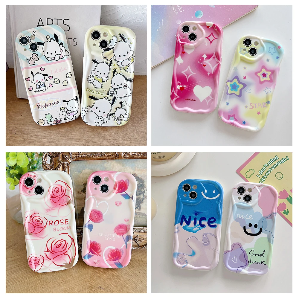 Lovely Cartoon Floral Couple Wave Case Per Iphone 6 6S 7 8 X Xs Max Xr 11 12 13 14 15 Pro Max Plus Soft Tpu Air Cushion Cover