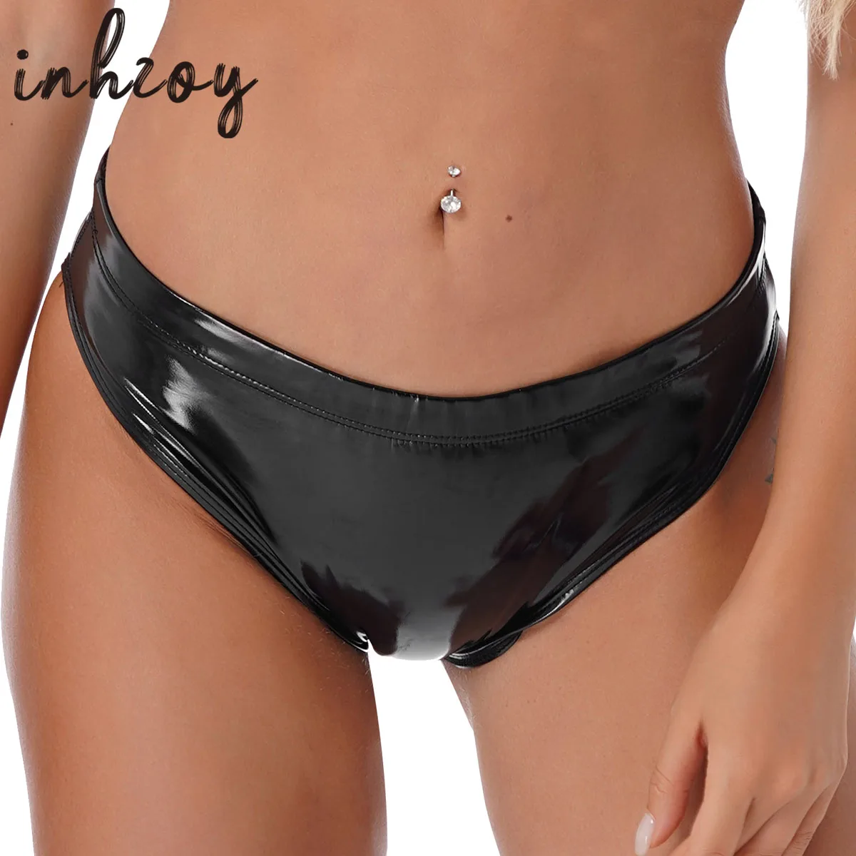 

Womens Booty Shorts Wet Look Patent Leather Boxer Briefs Panties Low Waist Latex Glossy Hot Pants Pole Dancing Rave Clubwear