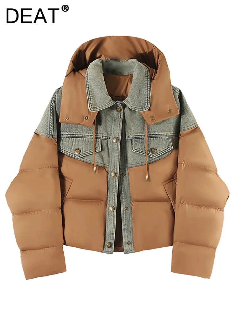 

DEAT Women's Coat Patchwork Denim Turn-down Collar Hooded Thicken Buttons Cotton-padded Short Jackets 2023 Winter New Fashion