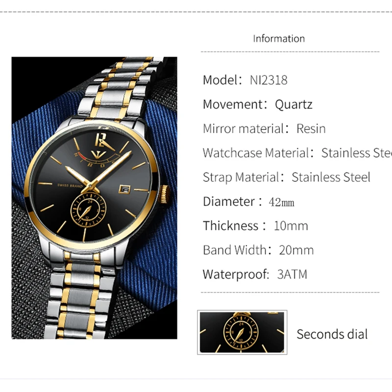 NIBOSI Mens Watches Top Brand Luxury Gold Stainless Steel Blue Quartz Watch Men Waterproof Sport Wristwatch Relogio Masculino