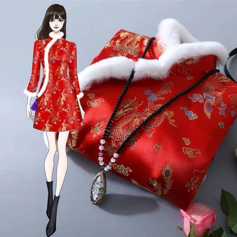 

Hanfu Qipao Traditional Chinese Dress Cotton Jacket Coat Women's Clothing Thickened Padded Winter Festive Elegant Red Cheongsam