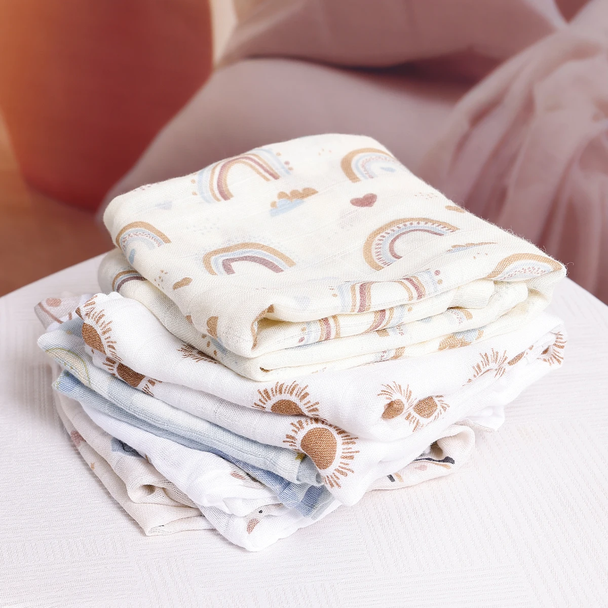 HappyFlute Animals&Rainbow Print Bamboo Cotton Fabric 5PC/Set Muslin Swaddle Feeding Burp Cloth Newborn Baby Blanket Wipe