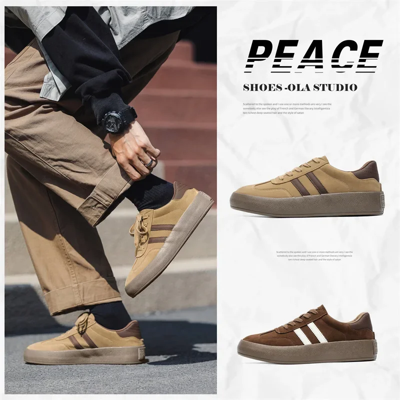 Vintage Brown Man Sneakers Suede Leather Men's Skateboard Shoes Comfort Lace-up Men Skate Sneakers Thick Sole Casual Board Shoes 3