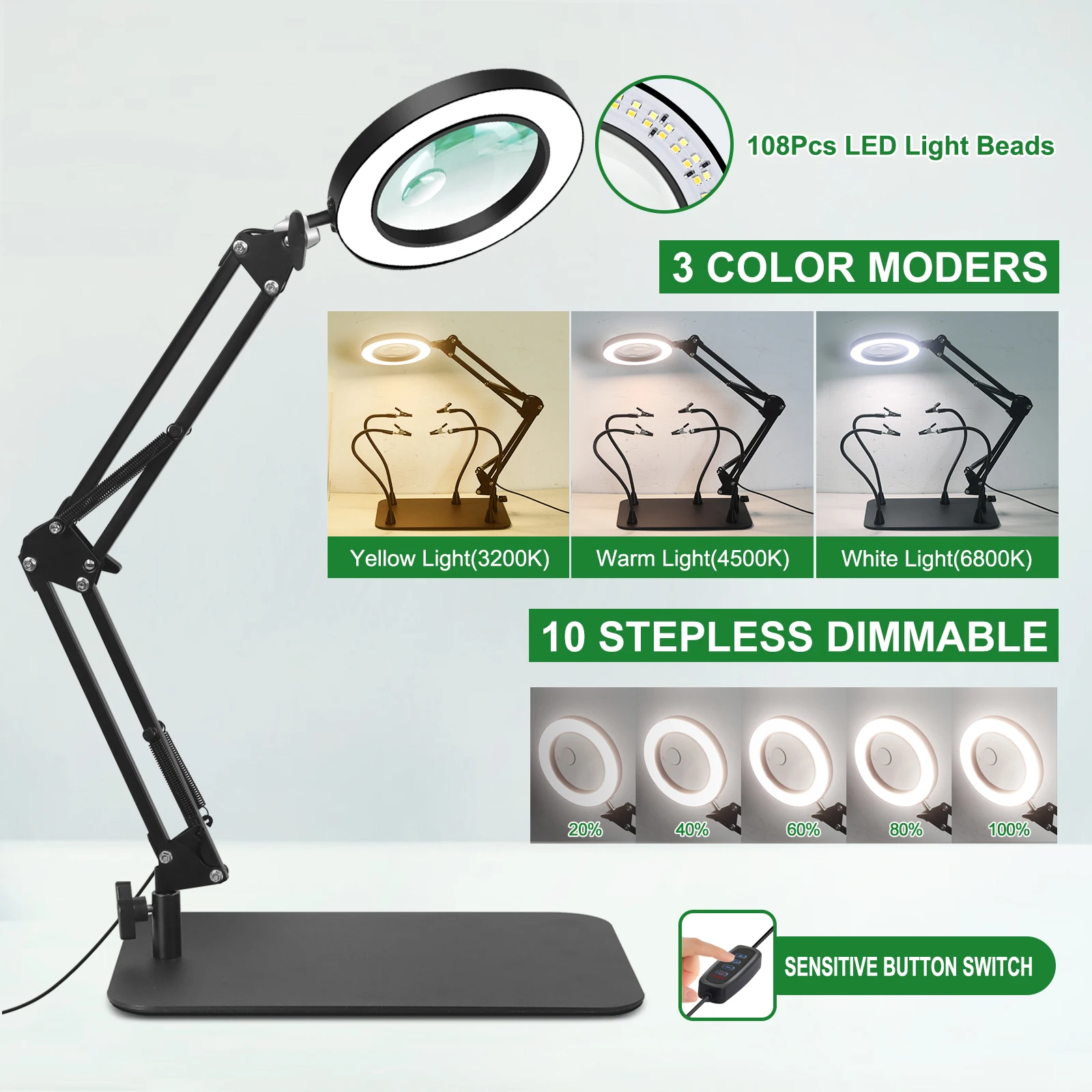 Toolour 5X 10X Magnifying Glass with Light and Stand 3 Lighting Dimmable Magnifier Soldering Magnifying Glass for DIY Close Work 2