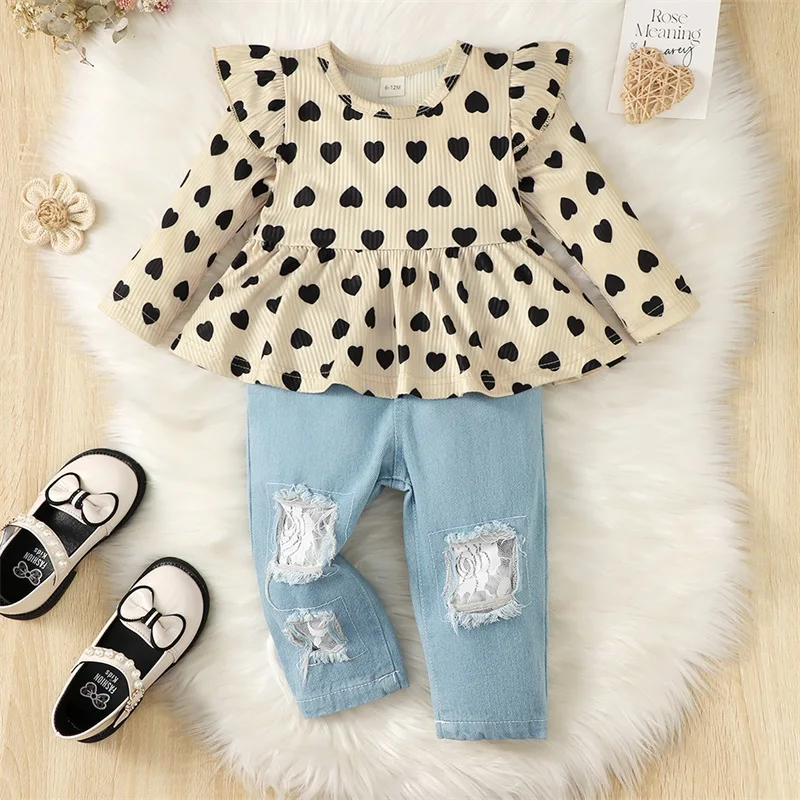 

Baby Girl Denim Outfits Heart Print Blouse Toddler Ruffle Long Sleeve Shirt Tops Ripped Jeans Infant Fall Clothes
