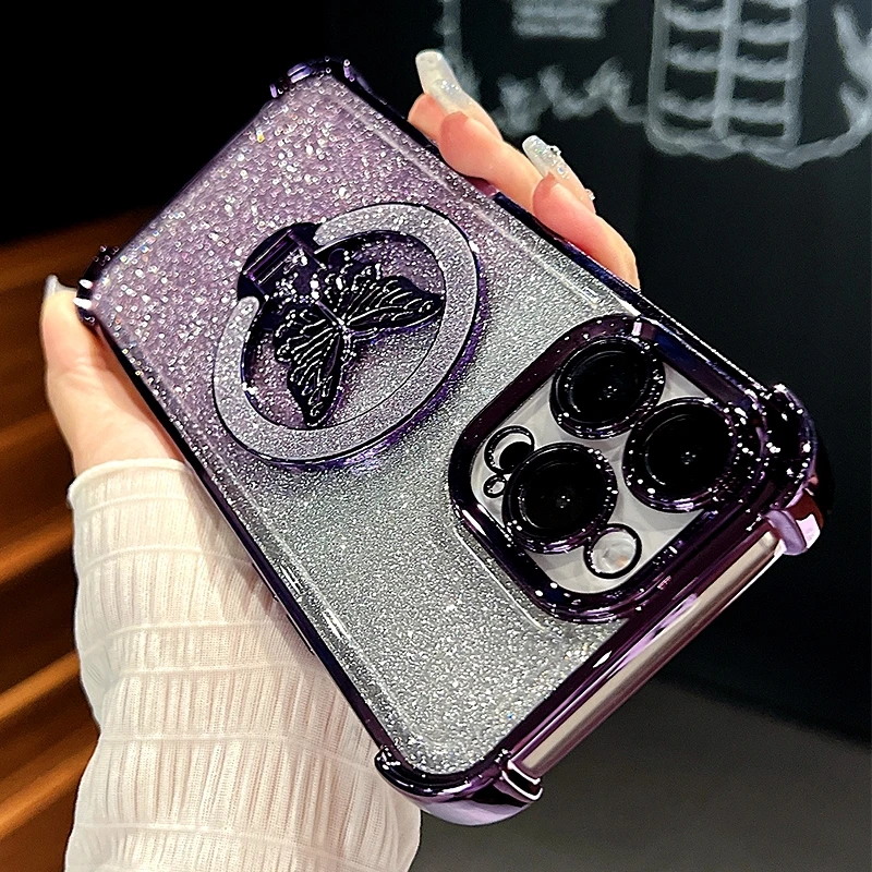 Glitter Butterfly Holder Plating Silicone Shockproof Case Cover